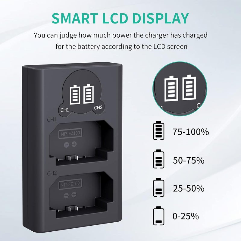 L & P NP-FZ100 Camera Battery Charger, Dual USB Charger with LCD Display, Compatible with Sony A7iii, A7iv, A7C, A6700, A6600, ZV-E1, ZV-E10ii, FX3, FX30, A9, Alpha 9, Alpha 9S, A9S, A7R3, A7R4 Camera - Image 4